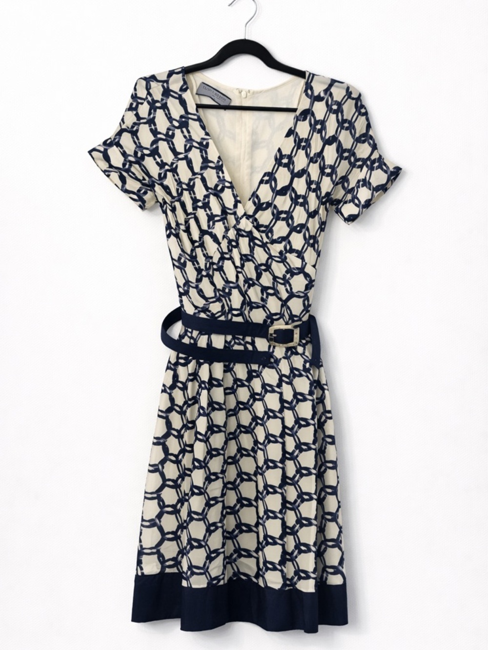 VINTAGE ANNE KLEIN BELTED Elegant Navy and Cream Patterned Dress